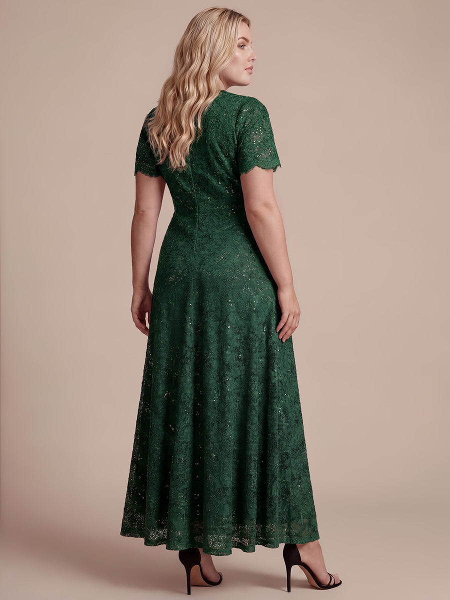 Robe longue à volants en sequins à manches courtes A ligne #Couleur_Vert Fonce