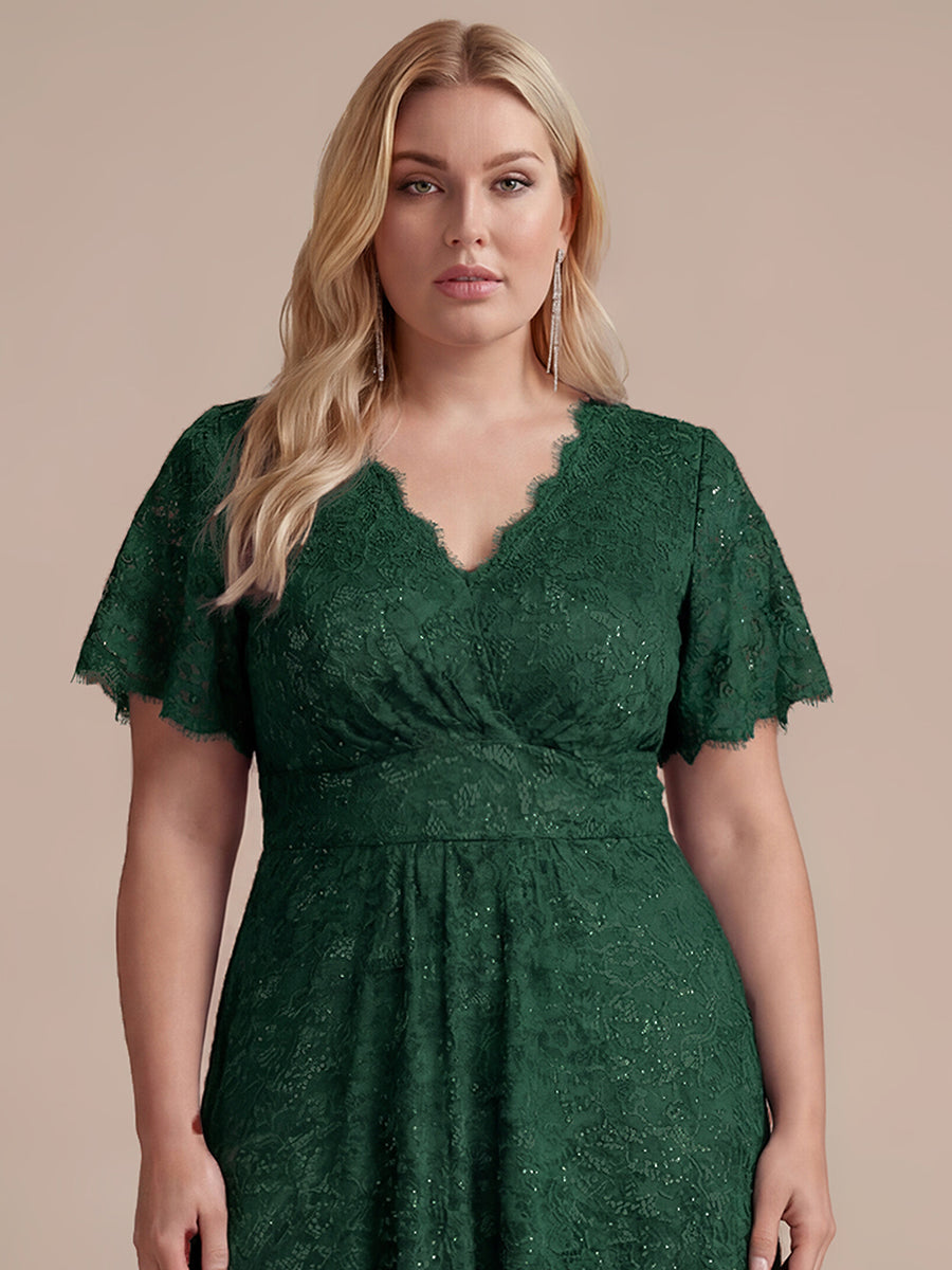 Robe longue à volants en sequins à manches courtes A ligne #Couleur_Vert Fonce