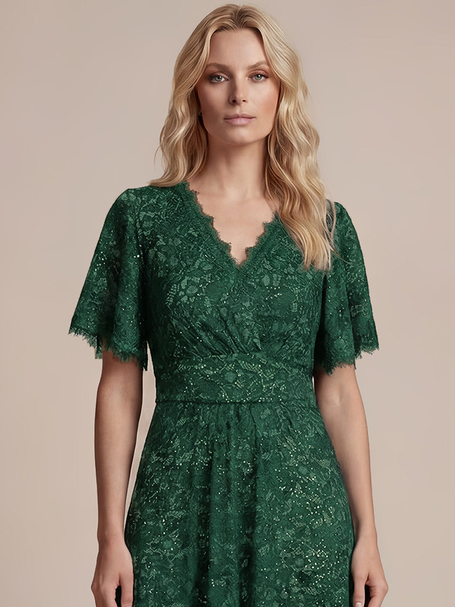 Robe longue à volants en sequins à manches courtes A ligne #Couleur_Vert Fonce