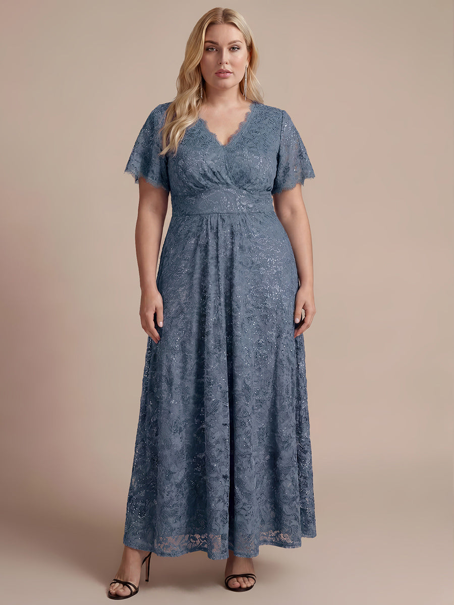 Robe longue à volants en sequins à manches courtes A ligne #Couleur_Marine Fume