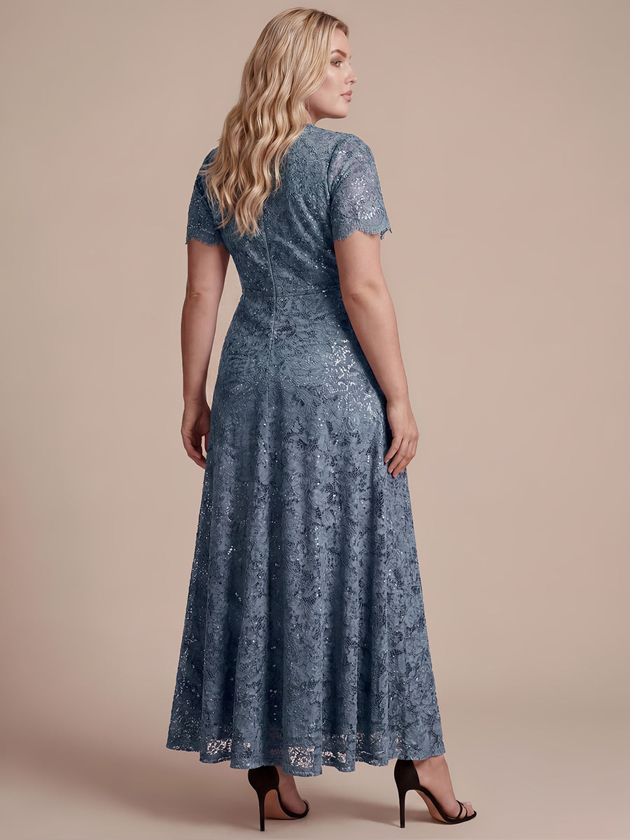 Robe longue à volants en sequins à manches courtes A ligne #Couleur_Marine Fume