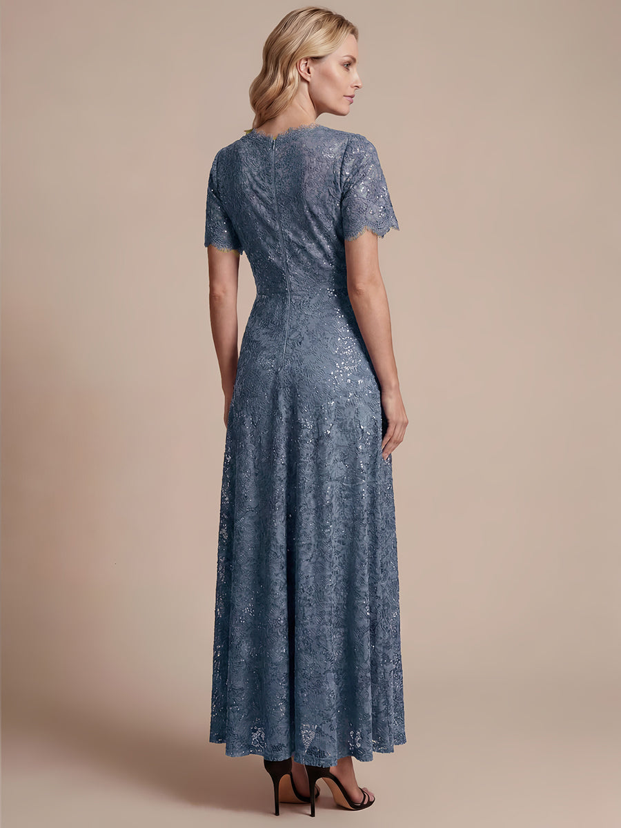 Robe longue à volants en sequins à manches courtes A ligne #Couleur_Marine Fume