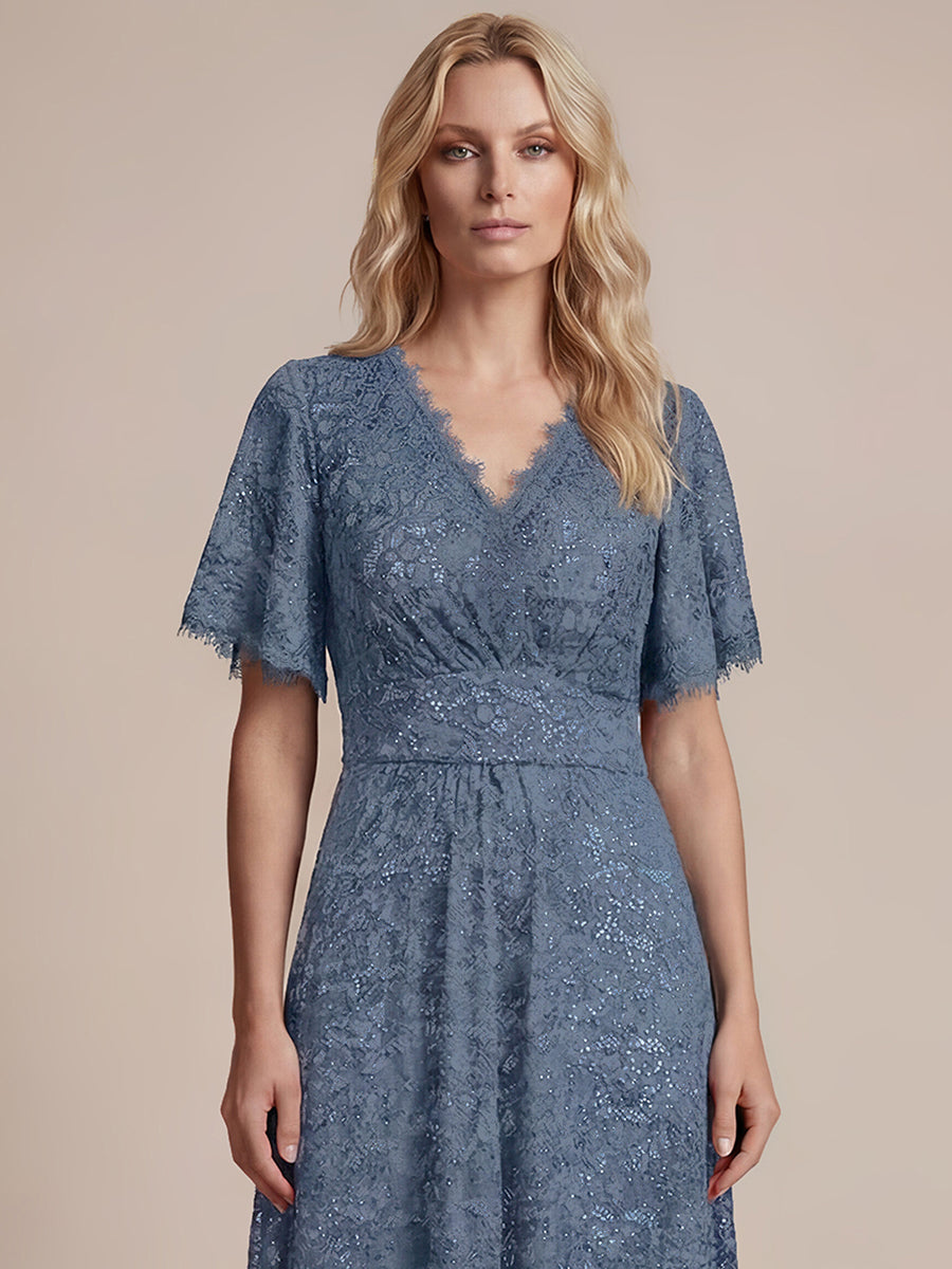 Robe longue à volants en sequins à manches courtes A ligne #Couleur_Marine Fume