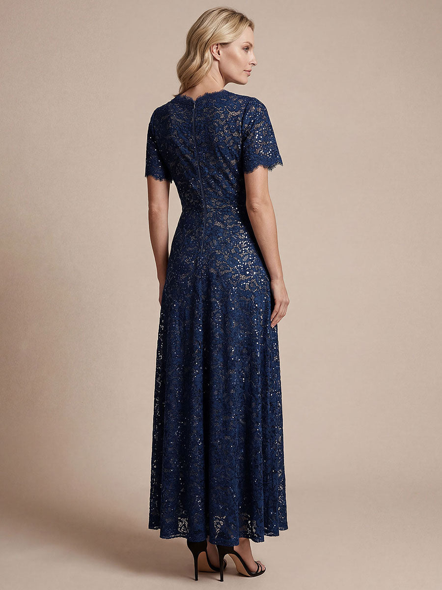 Robe longue à volants en sequins à manches courtes A ligne #Couleur_Bleu Marine