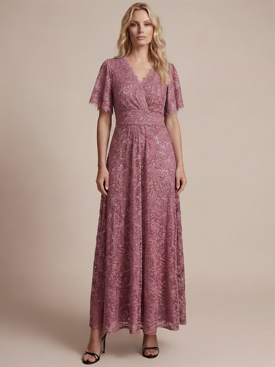 Robe longue à volants en sequins à manches courtes A ligne #Couleur_Orchidee
