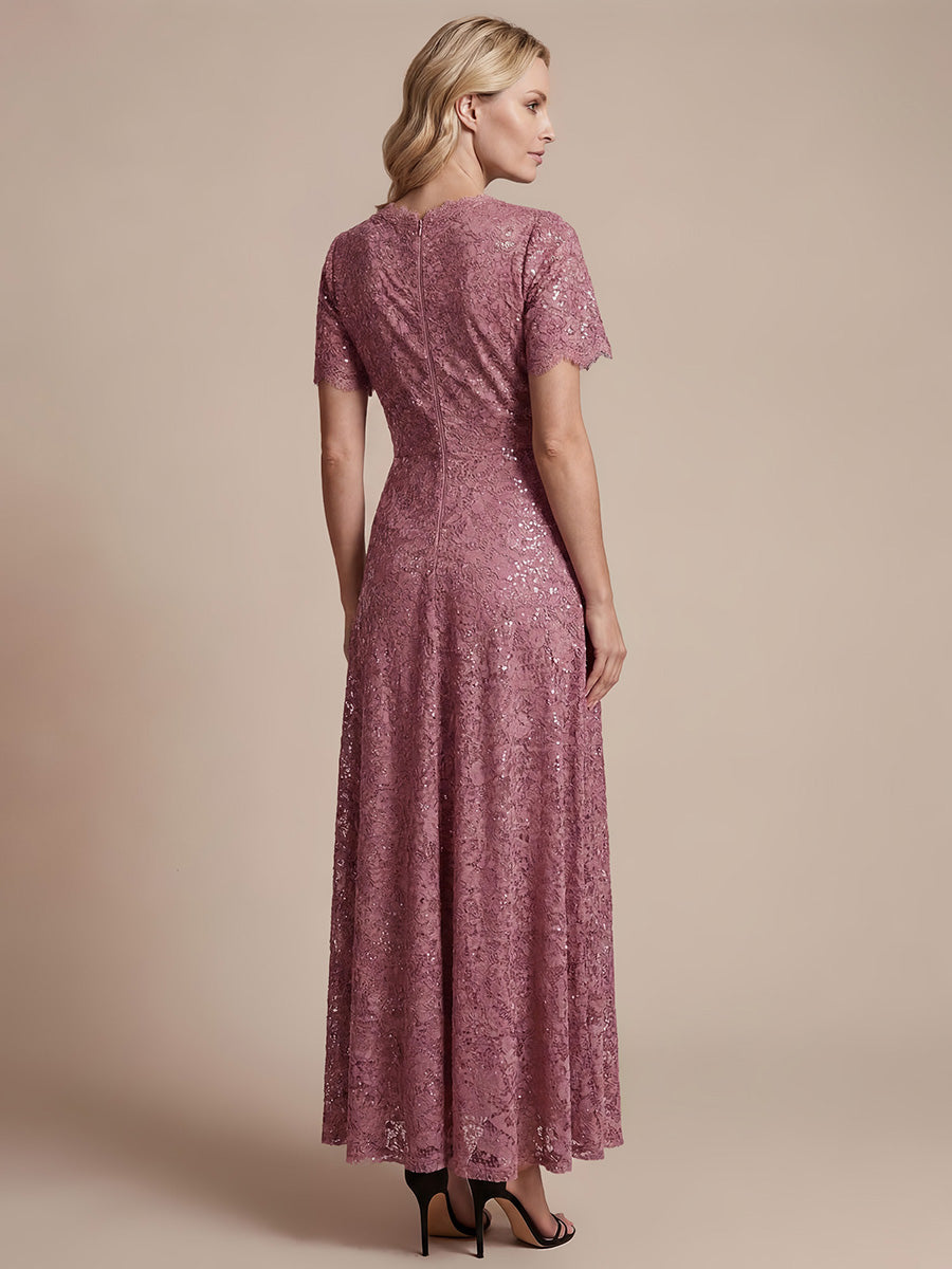 Robe longue à volants en sequins à manches courtes A ligne #Couleur_Orchidee