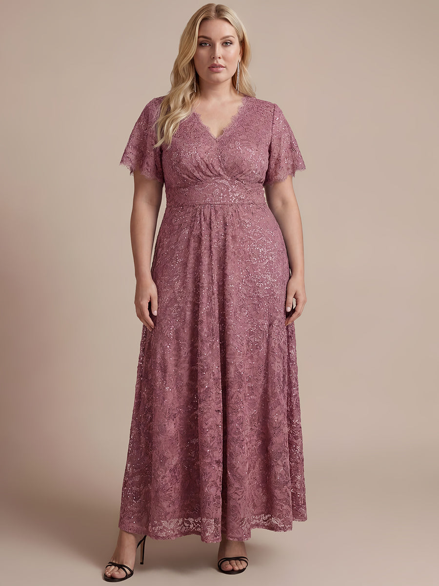 Robe longue à volants en sequins à manches courtes A ligne #Couleur_Orchidee