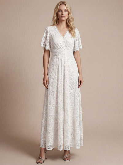 Robe longue à volants en dentelle à manches courtes A ligne