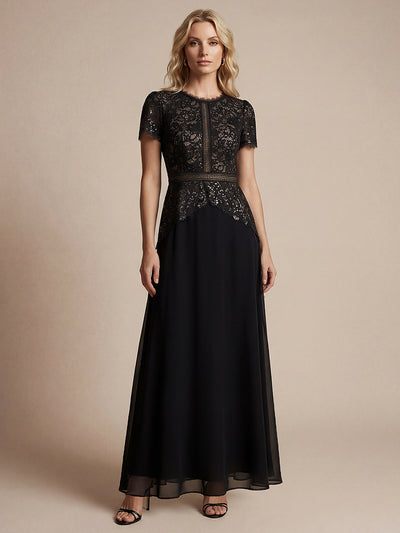 Robe longue à encolure ronde à manches courtes en sequins coupe évasée