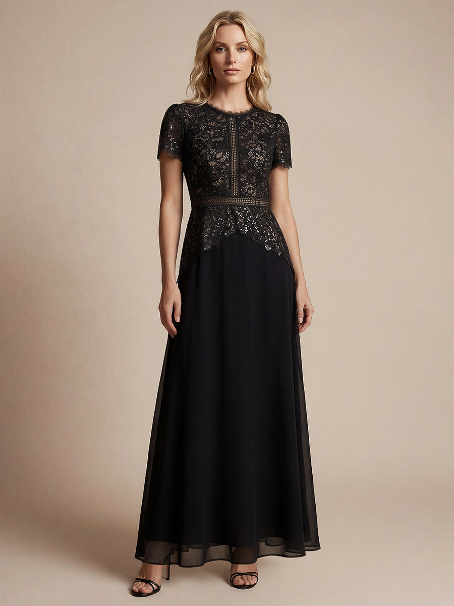 robe longue à encolure ronde à manches courtes en sequins coupe évasée #Couleur_Noir