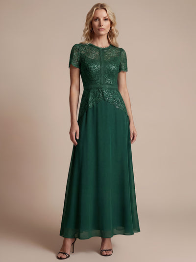 Robe longue à encolure ronde à manches courtes en sequins coupe évasée