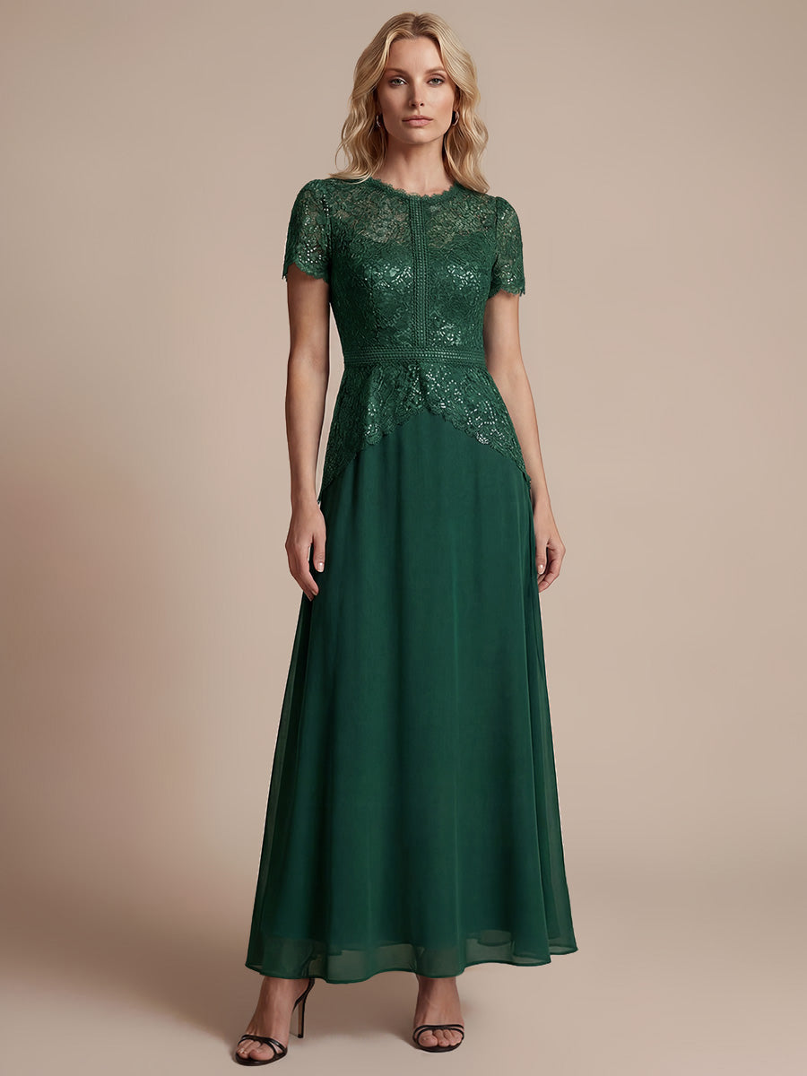 robe longue à encolure ronde à manches courtes en sequins coupe évasée #Couleur_Vert Fonce