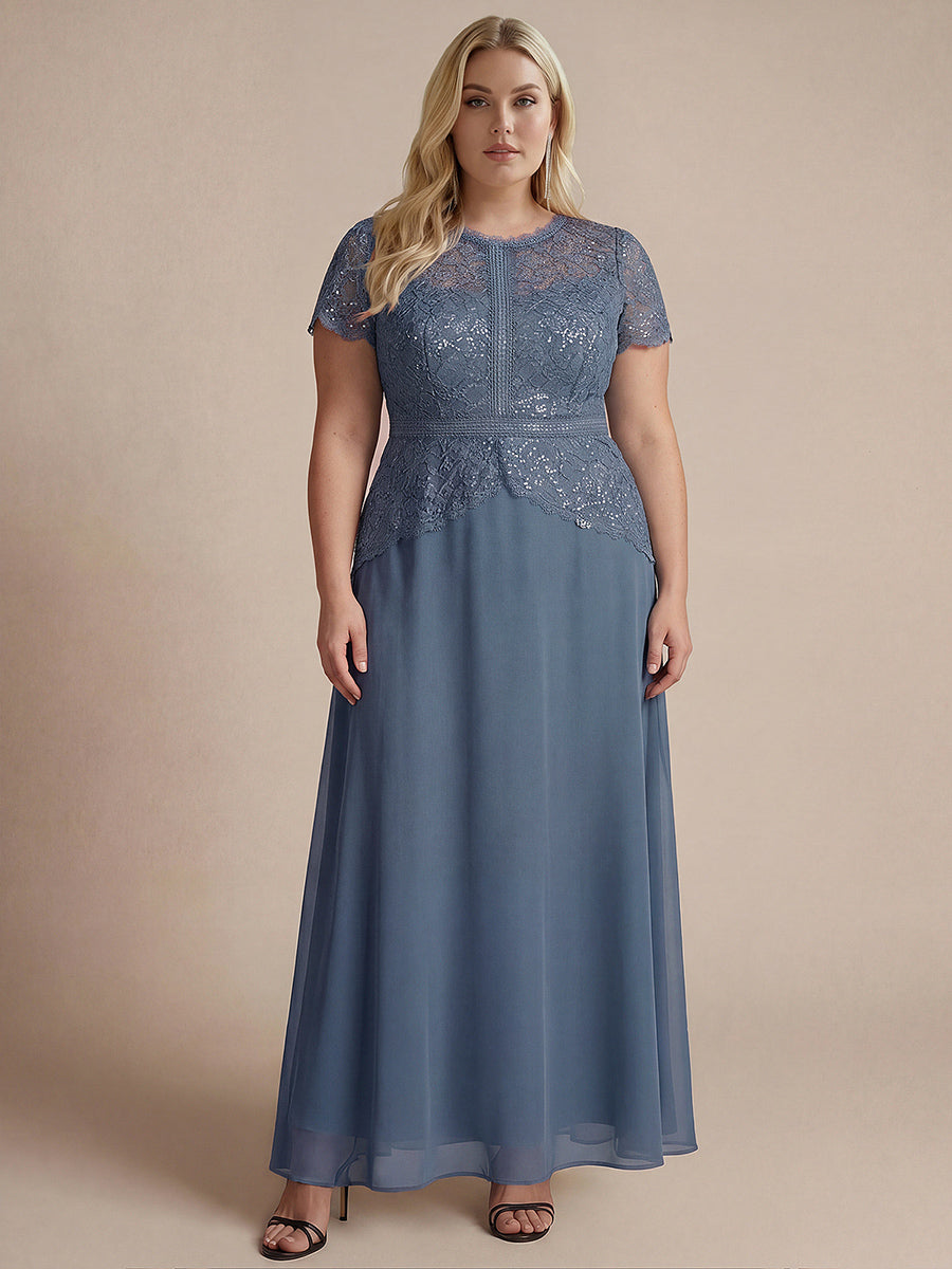 robe longue à encolure ronde à manches courtes en sequins coupe évasée #Couleur_Marine Fume