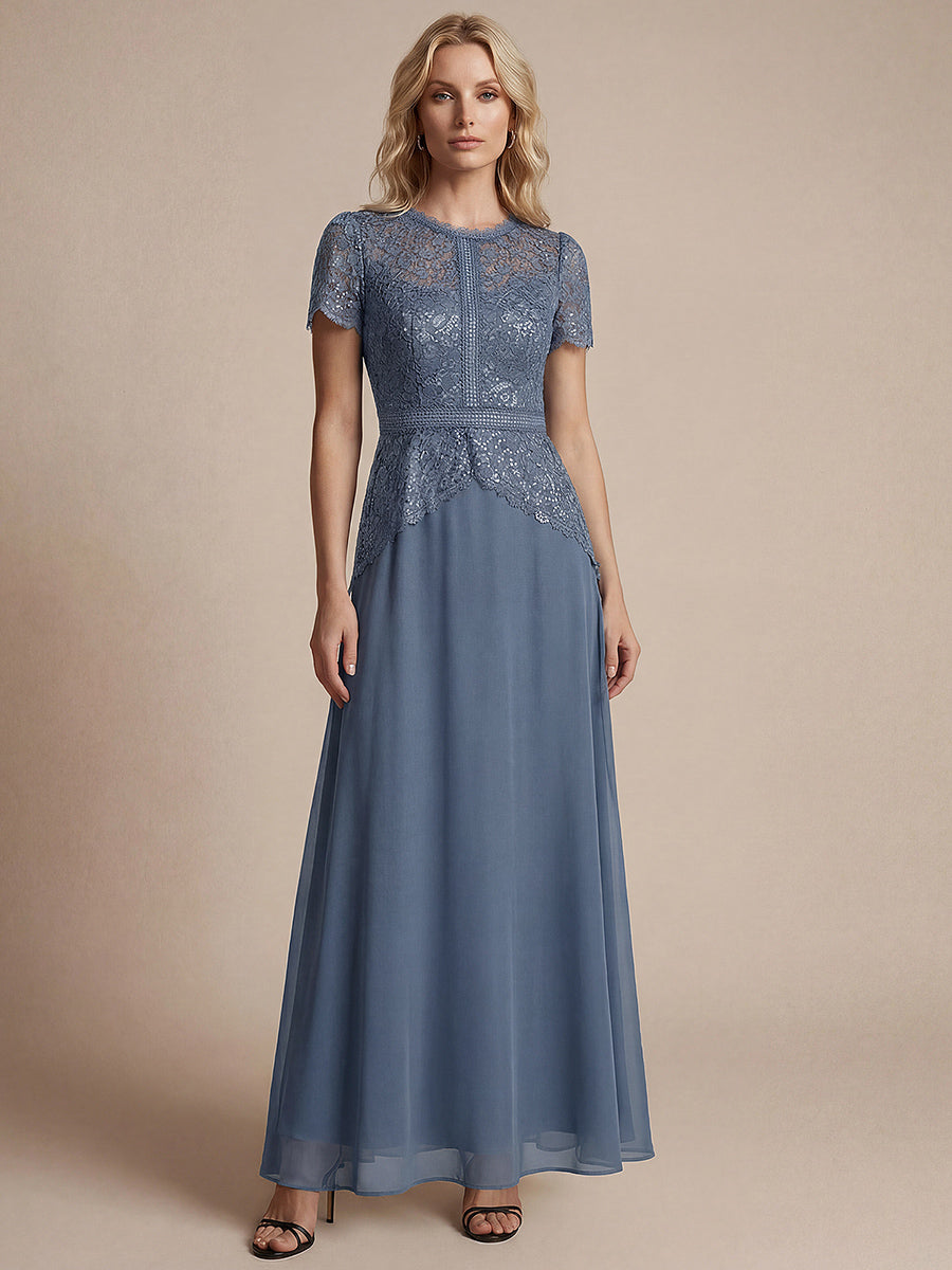 robe longue à encolure ronde à manches courtes en sequins coupe évasée #Couleur_Marine Fume