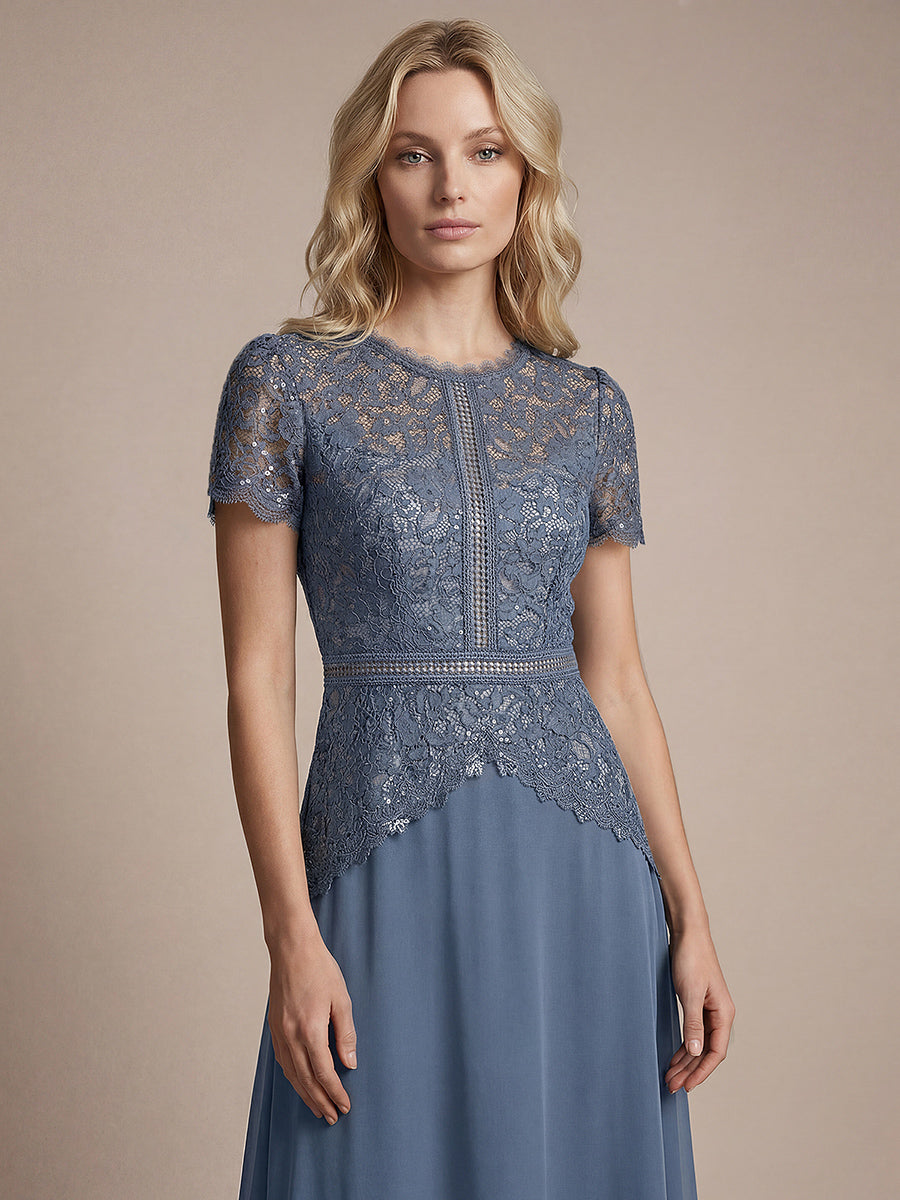 robe longue à encolure ronde à manches courtes en sequins coupe évasée #Couleur_Marine Fume