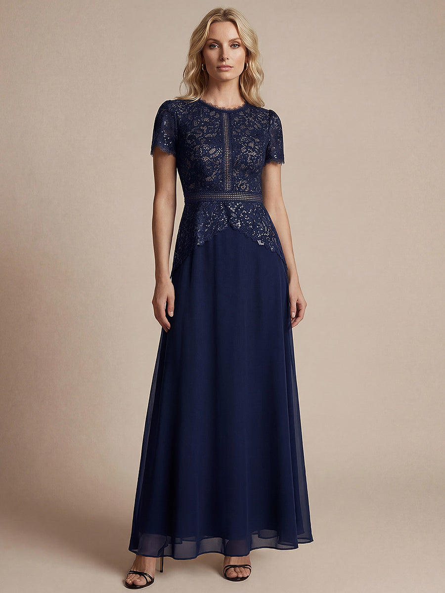 robe longue à encolure ronde à manches courtes en sequins coupe évasée #Couleur_Bleu Marine
