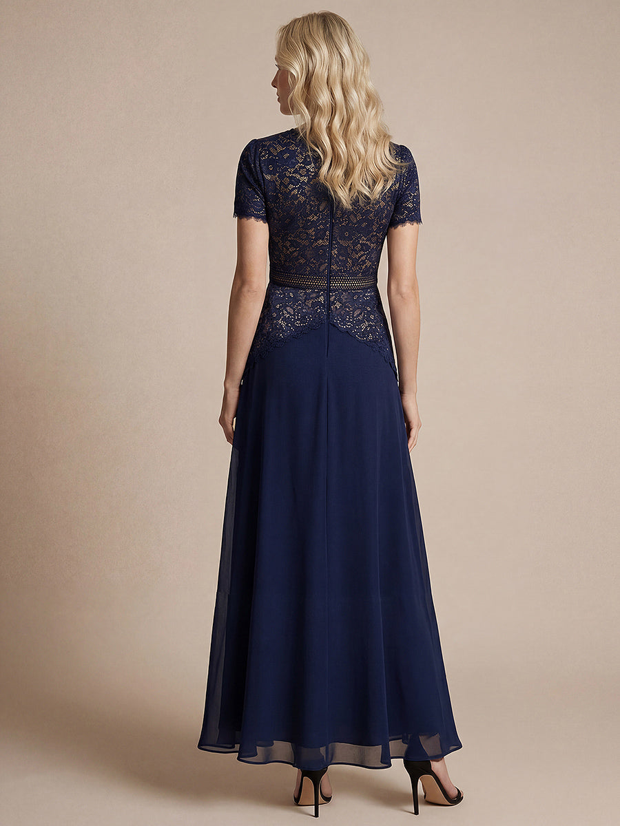 robe longue à encolure ronde à manches courtes en sequins coupe évasée #Couleur_Bleu Marine