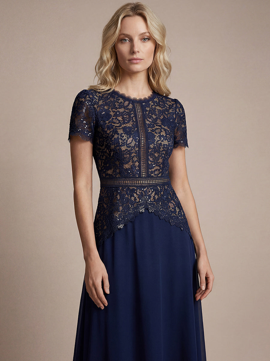 robe longue à encolure ronde à manches courtes en sequins coupe évasée #Couleur_Bleu Marine