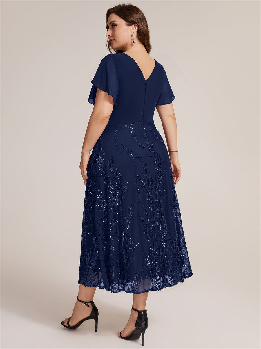 robe en ligne A avec manches courtes décolleté en V sequins longueur thé avec ourlet volanté #Couleur_Bleu Marine