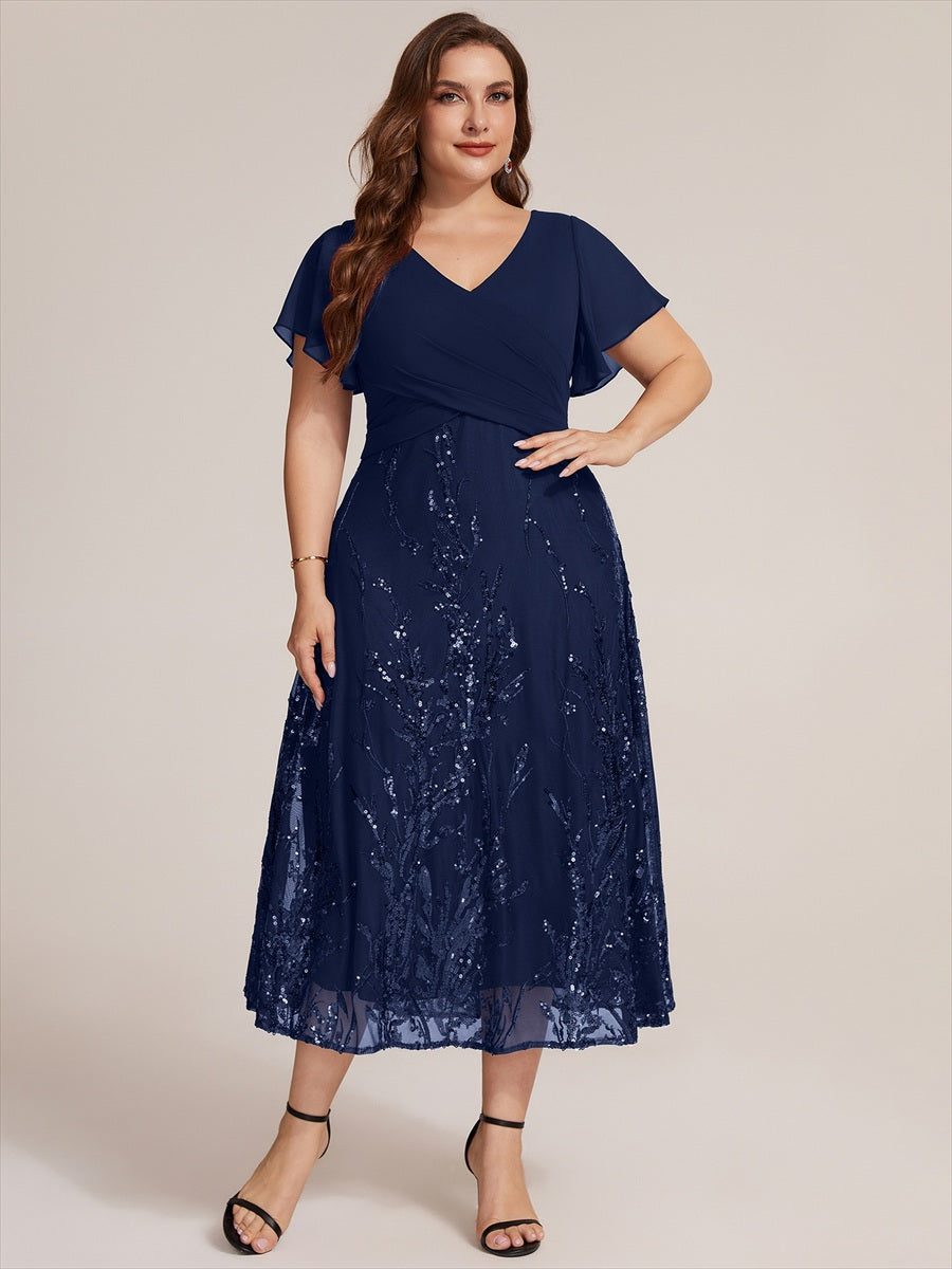 robe en ligne A avec manches courtes décolleté en V sequins longueur thé avec ourlet volanté #Couleur_Bleu Marine