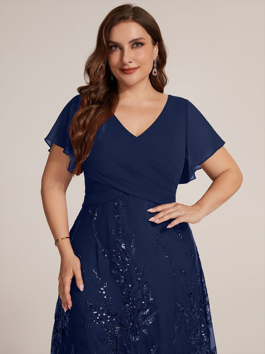 robe en ligne A avec manches courtes décolleté en V sequins longueur thé avec ourlet volanté #Couleur_Bleu Marine