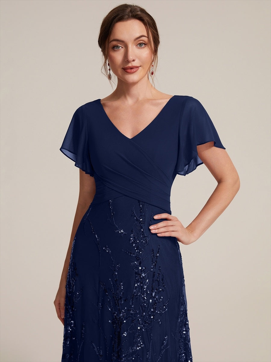 robe en ligne A avec manches courtes décolleté en V sequins longueur thé avec ourlet volanté #Couleur_Bleu Marine
