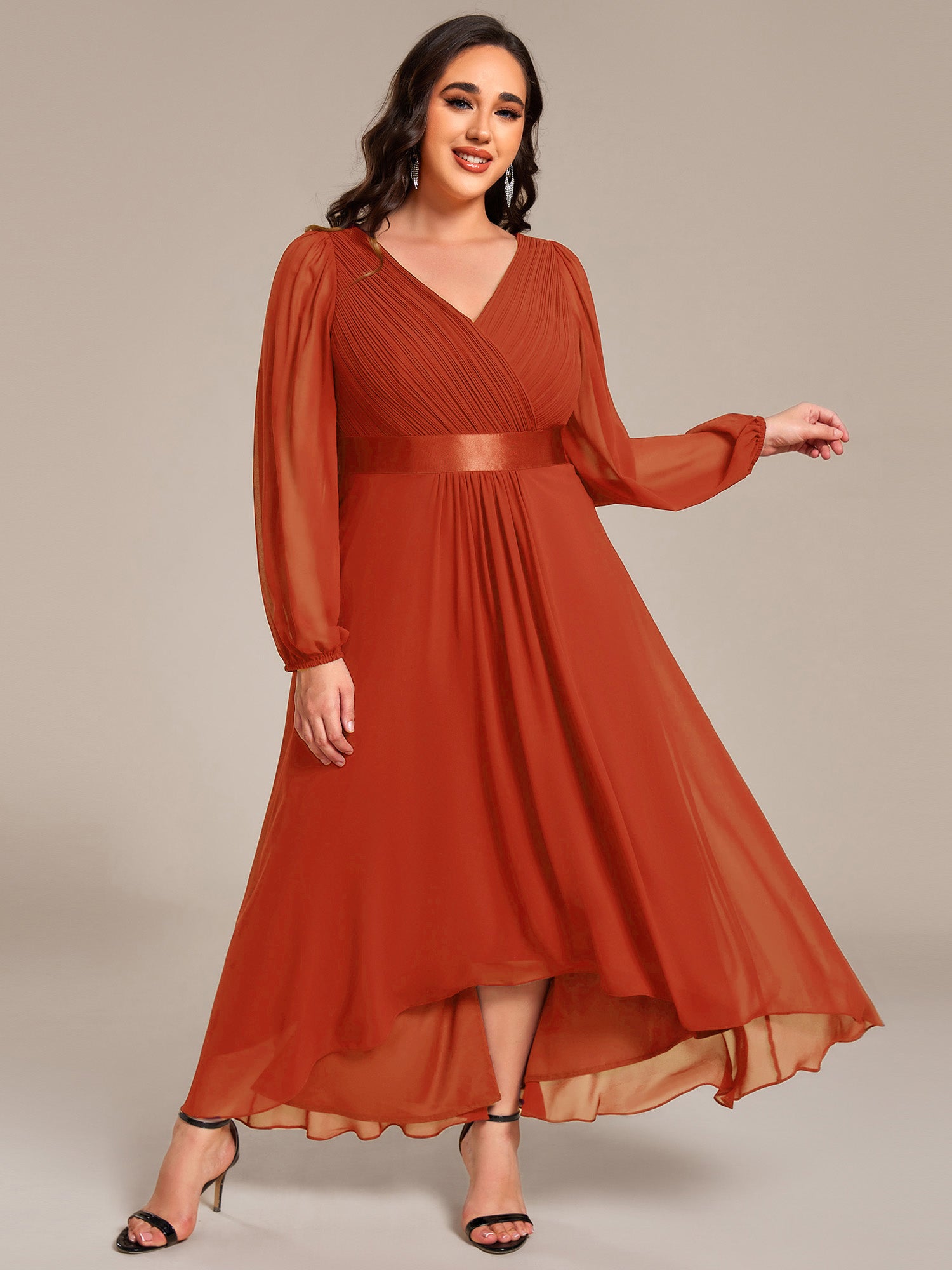 Robe midi pour invités de mariage en mousseline à manches longues #Couleur_Burnt Orange