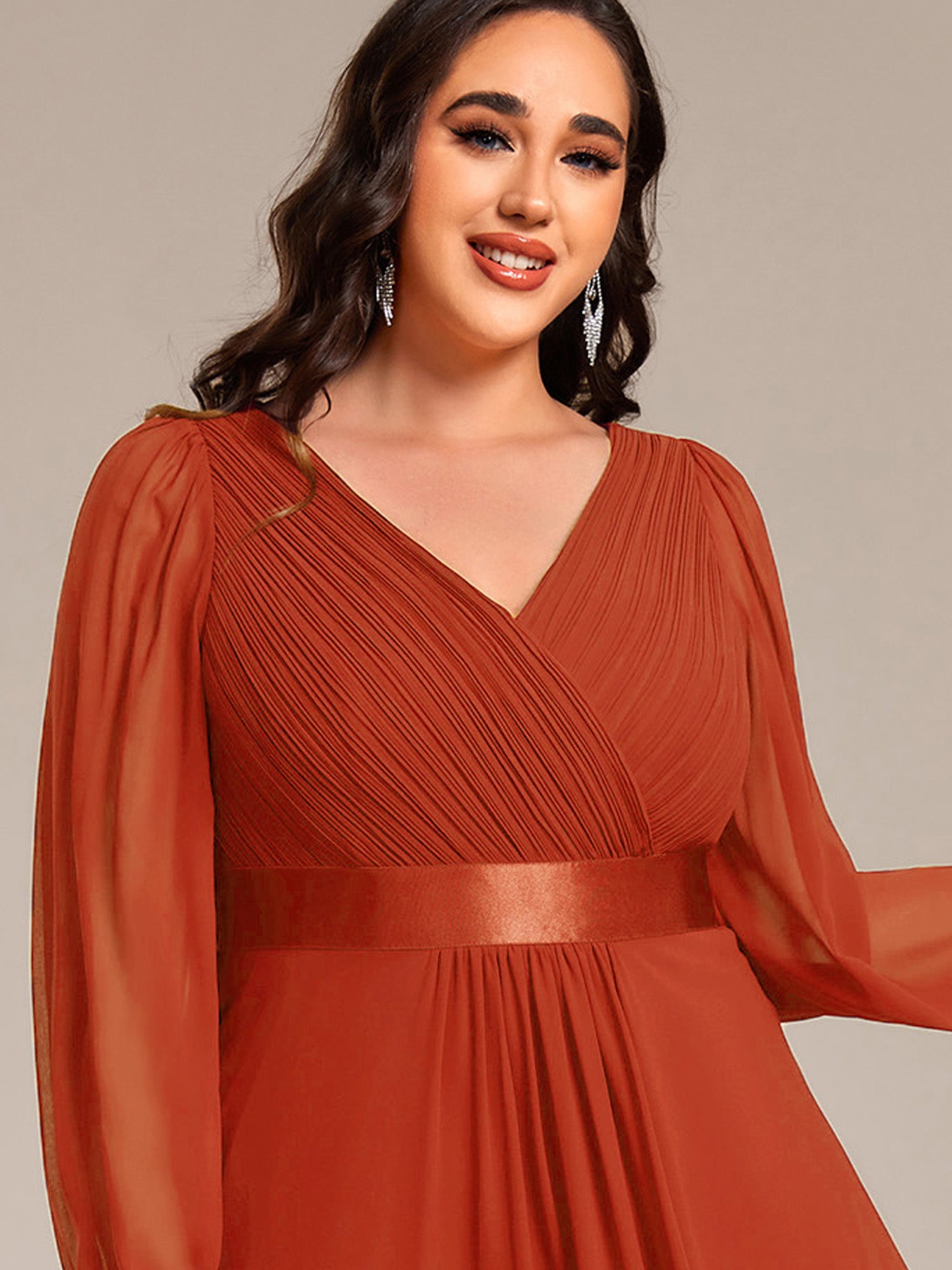 Robe midi pour invités de mariage en mousseline à manches longues #Couleur_Burnt Orange
