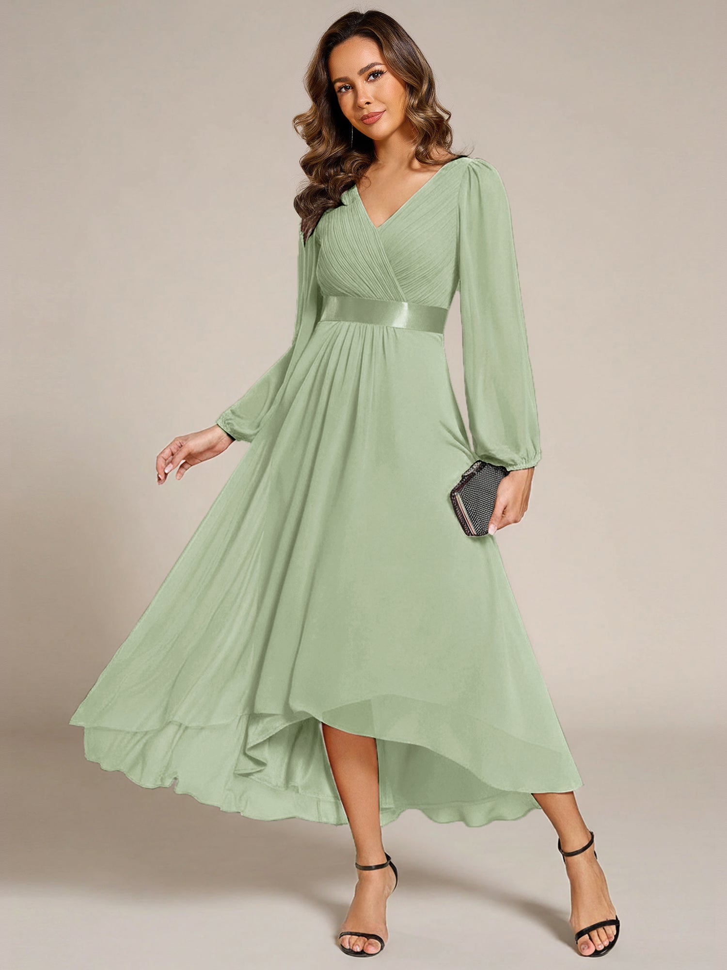Robe midi pour invités de mariage en mousseline à manches longues #Couleur_Menthe Verte
