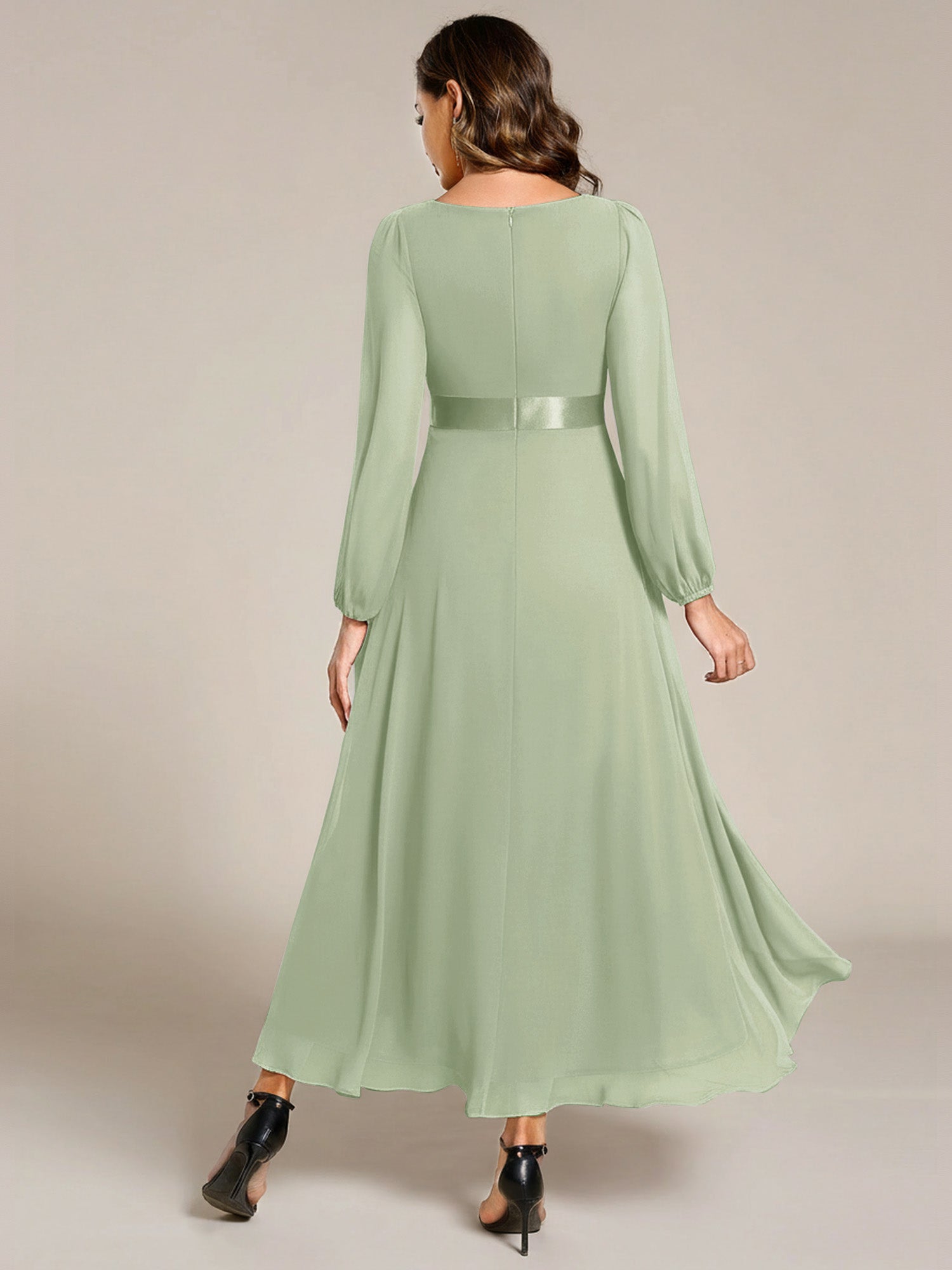 Robe midi pour invités de mariage en mousseline à manches longues #Couleur_Menthe Verte
