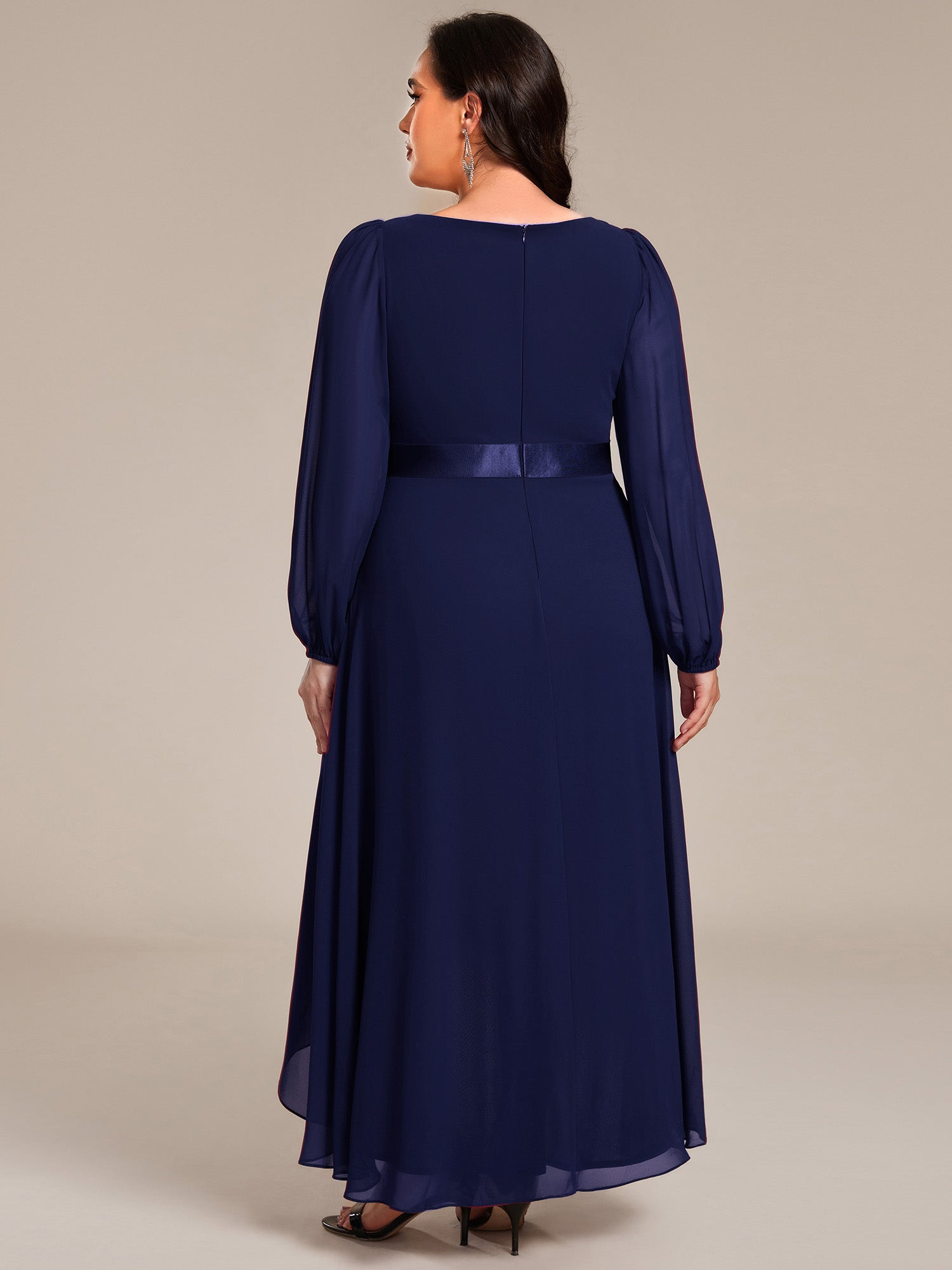 Robe midi pour invités de mariage en mousseline à manches longues #Couleur_Bleu Marine