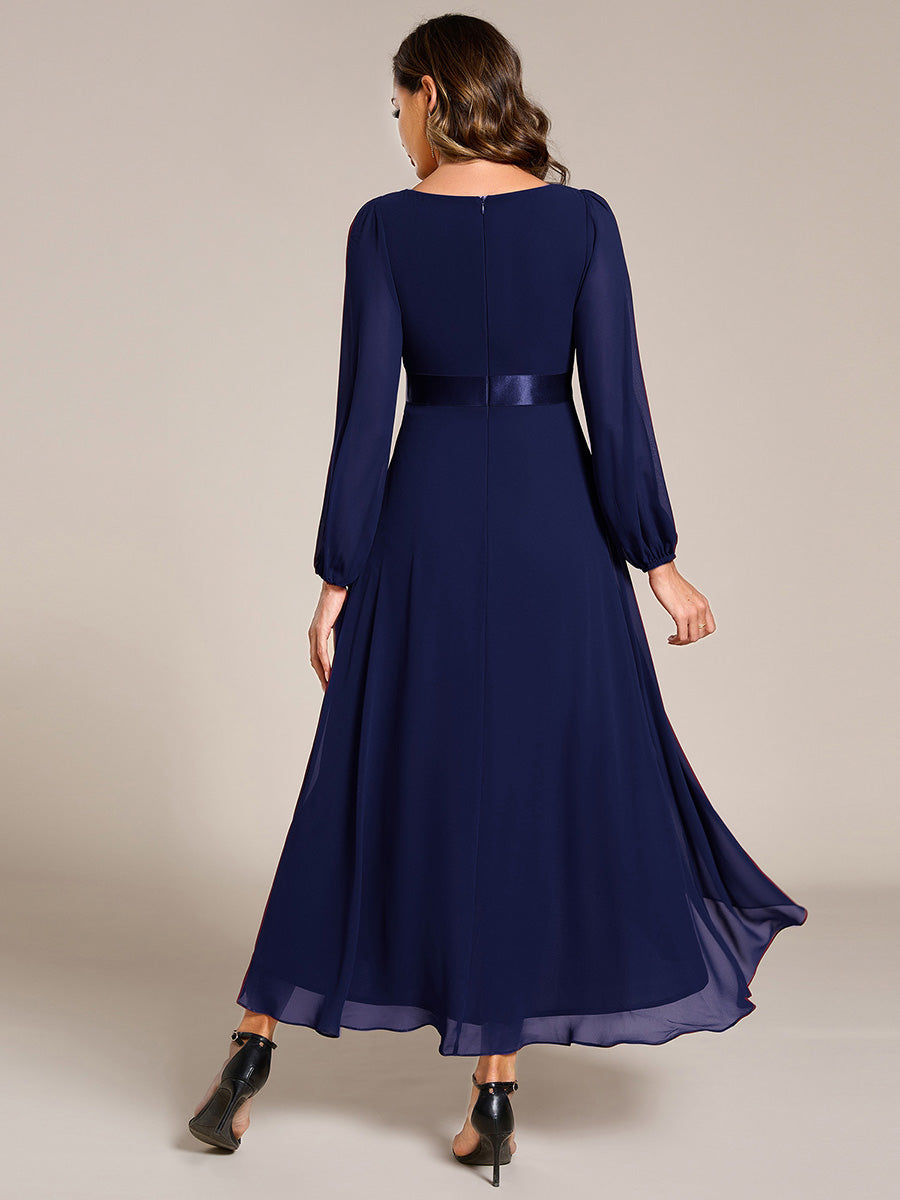 Robe midi pour invités de mariage en mousseline à manches longues #Couleur_Bleu Marine