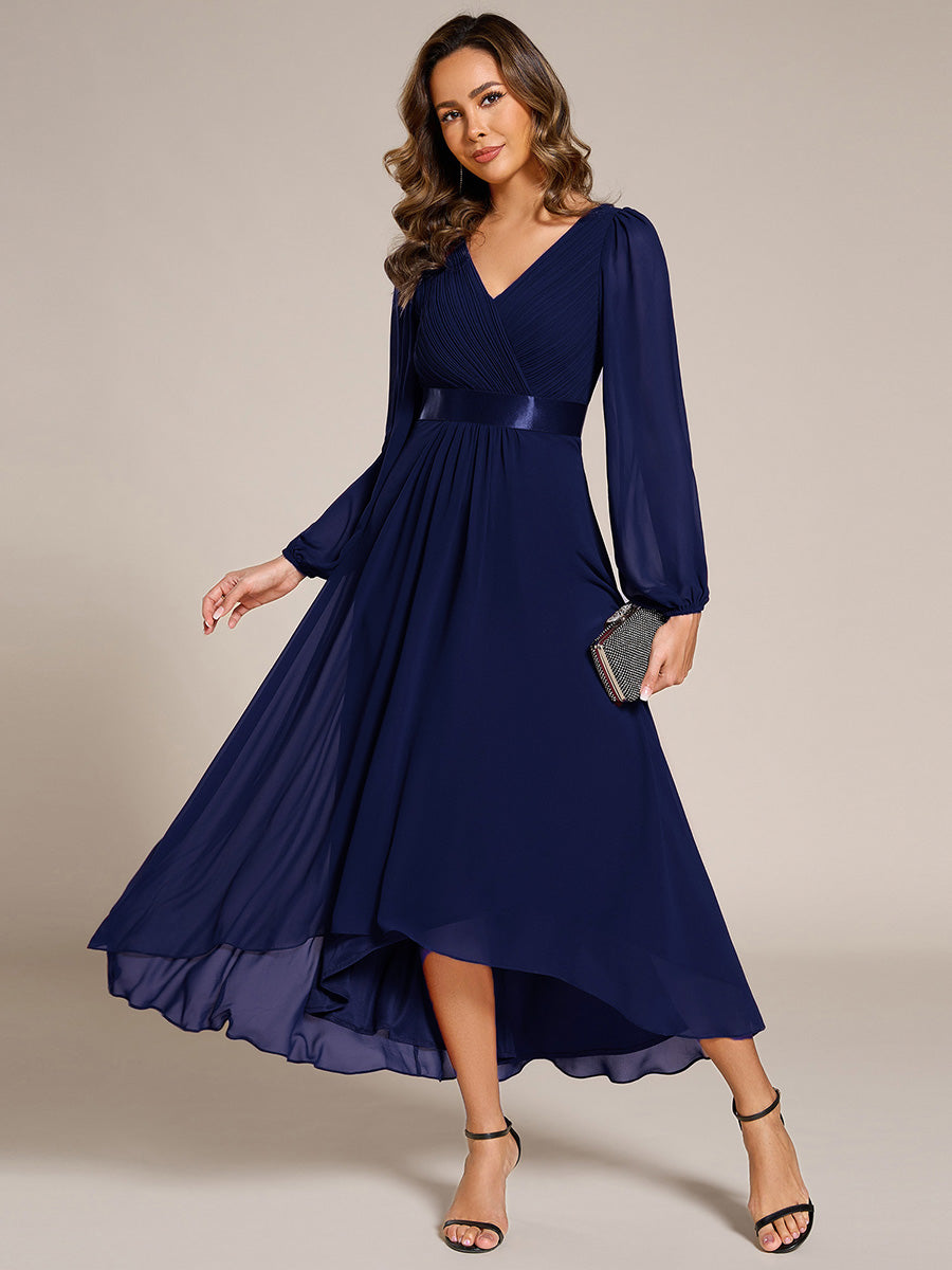 Robe midi pour invités de mariage en mousseline à manches longues #Couleur_Bleu Marine