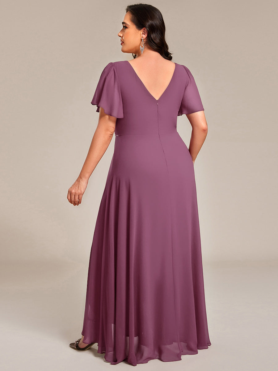 Robe de soirée longue en mousseline de soie à col en V et strass grande taille #Couleur_Prune Foncée