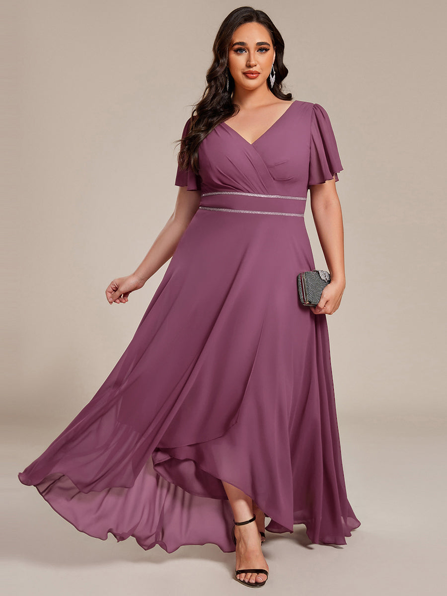 Robe de soirée formelle en mousseline de soie à double col en V et taille ajustée #Couleur_Prune Foncée