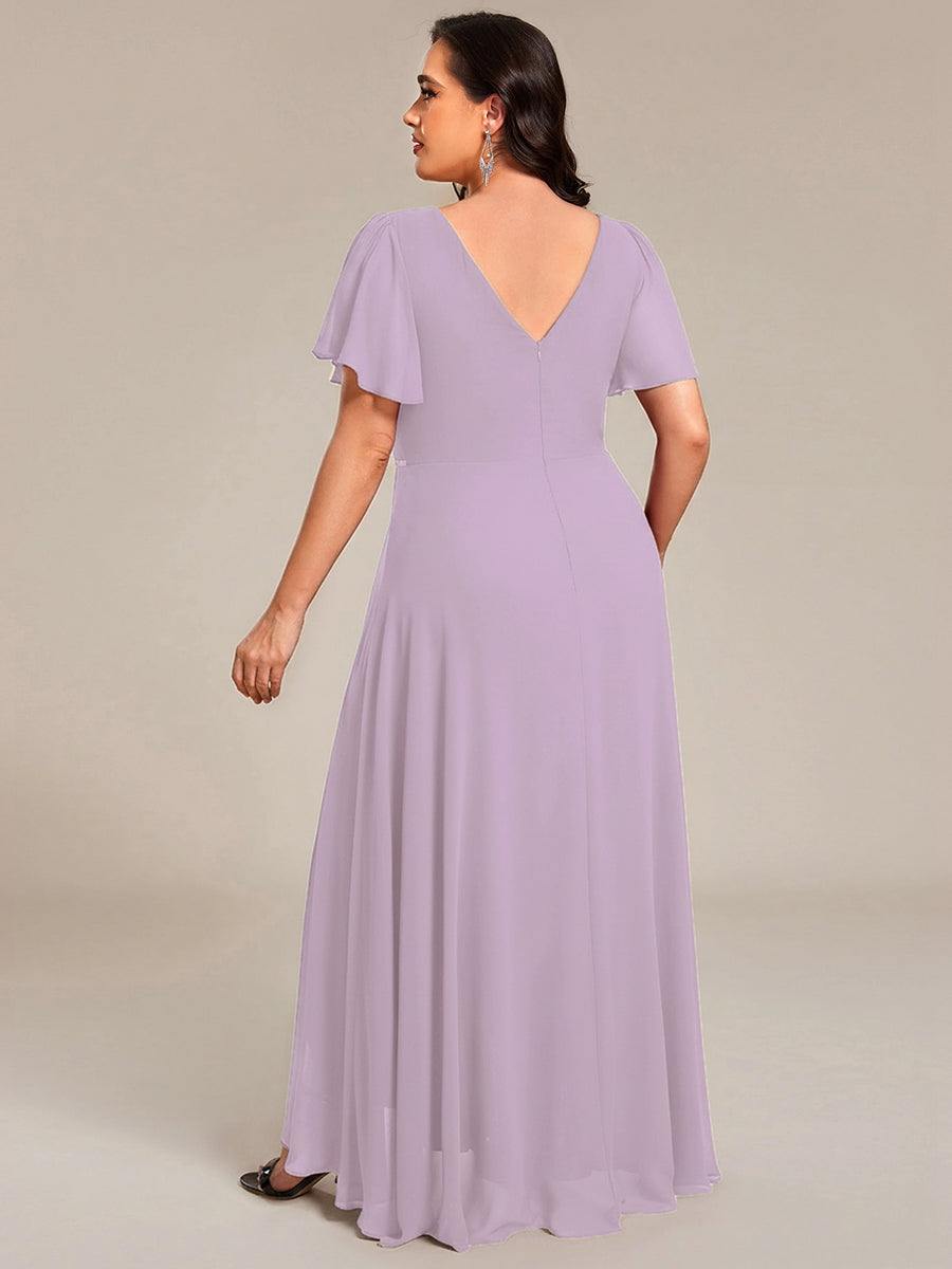 Robe D'invité De Mariage En Mousseline De Soie Mi-Longue Plissée à Manches à Volants Et Col En V #Couleur_Lilas Givré