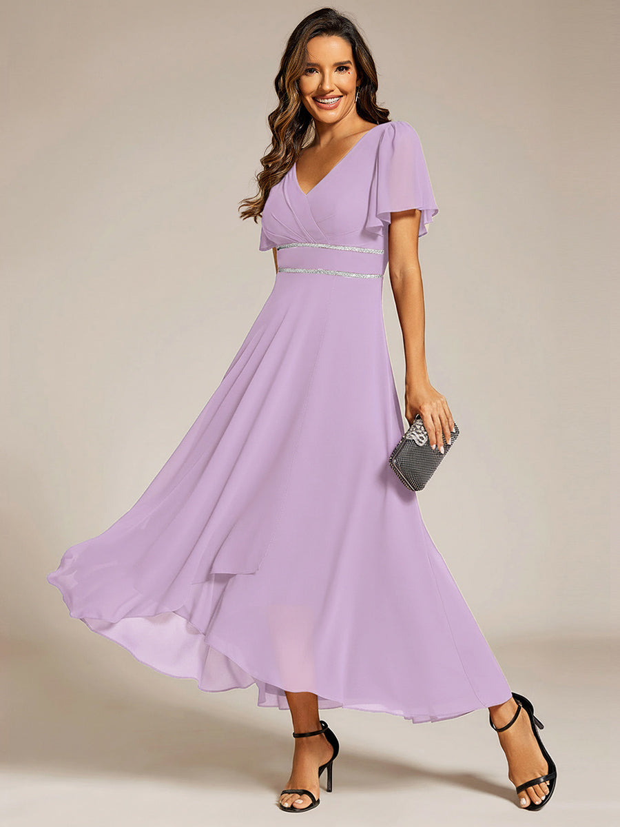 Robe D'invité De Mariage En Mousseline De Soie Mi-Longue Plissée à Manches à Volants Et Col En V #Couleur_Lilas Givré