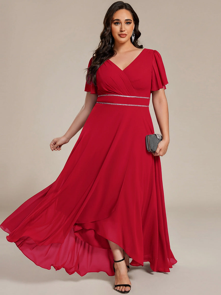 Robe D'invité De Mariage En Mousseline De Soie Mi-Longue Plissée à Manches à Volants Et Col En V #Couleur_Rouge