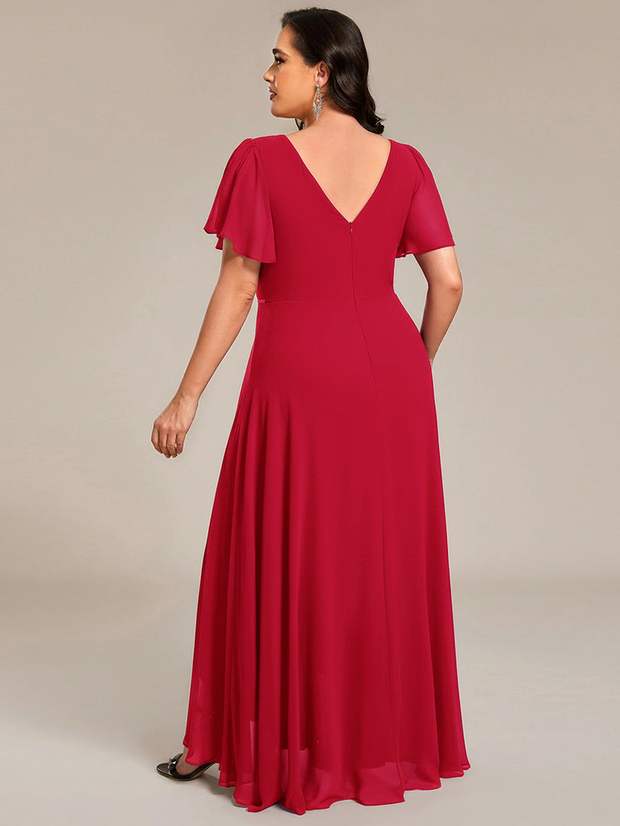 Robe D'invité De Mariage En Mousseline De Soie Mi-Longue Plissée à Manches à Volants Et Col En V #Couleur_Rouge