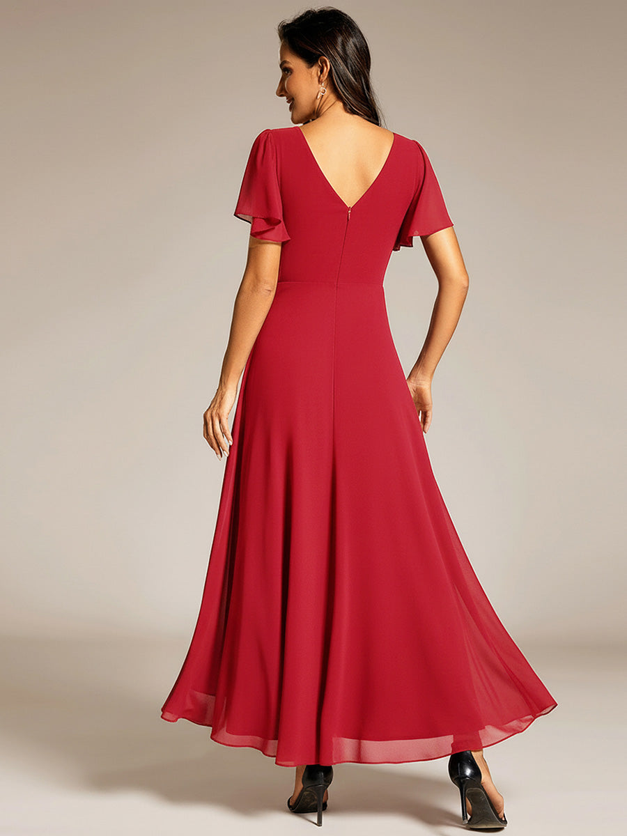 Robe D'invité De Mariage En Mousseline De Soie Mi-Longue Plissée à Manches à Volants Et Col En V #Couleur_Rouge