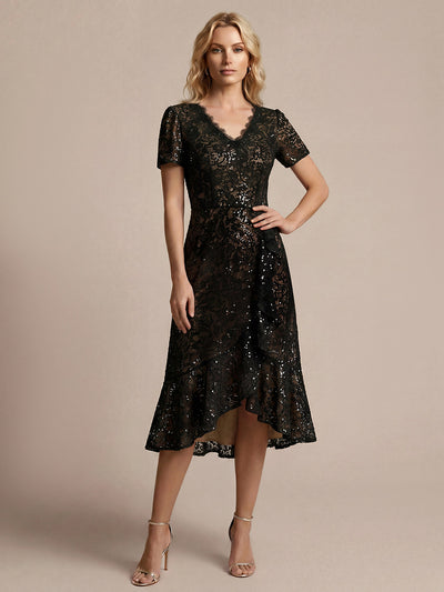 Robe midi sirène à volants en sequins à manches courtes