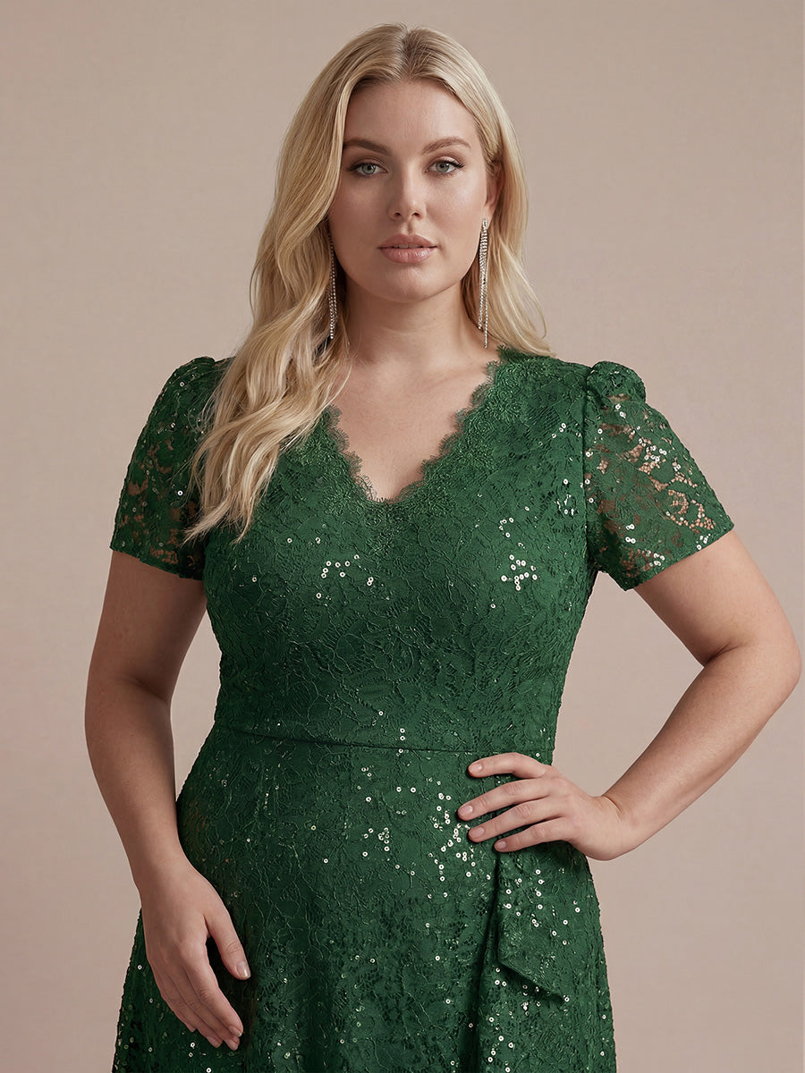 robe midi sirène à volants en sequins à manches courtes #Couleur_Vert Fonce