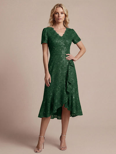 Robe midi sirène à volants en sequins à manches courtes