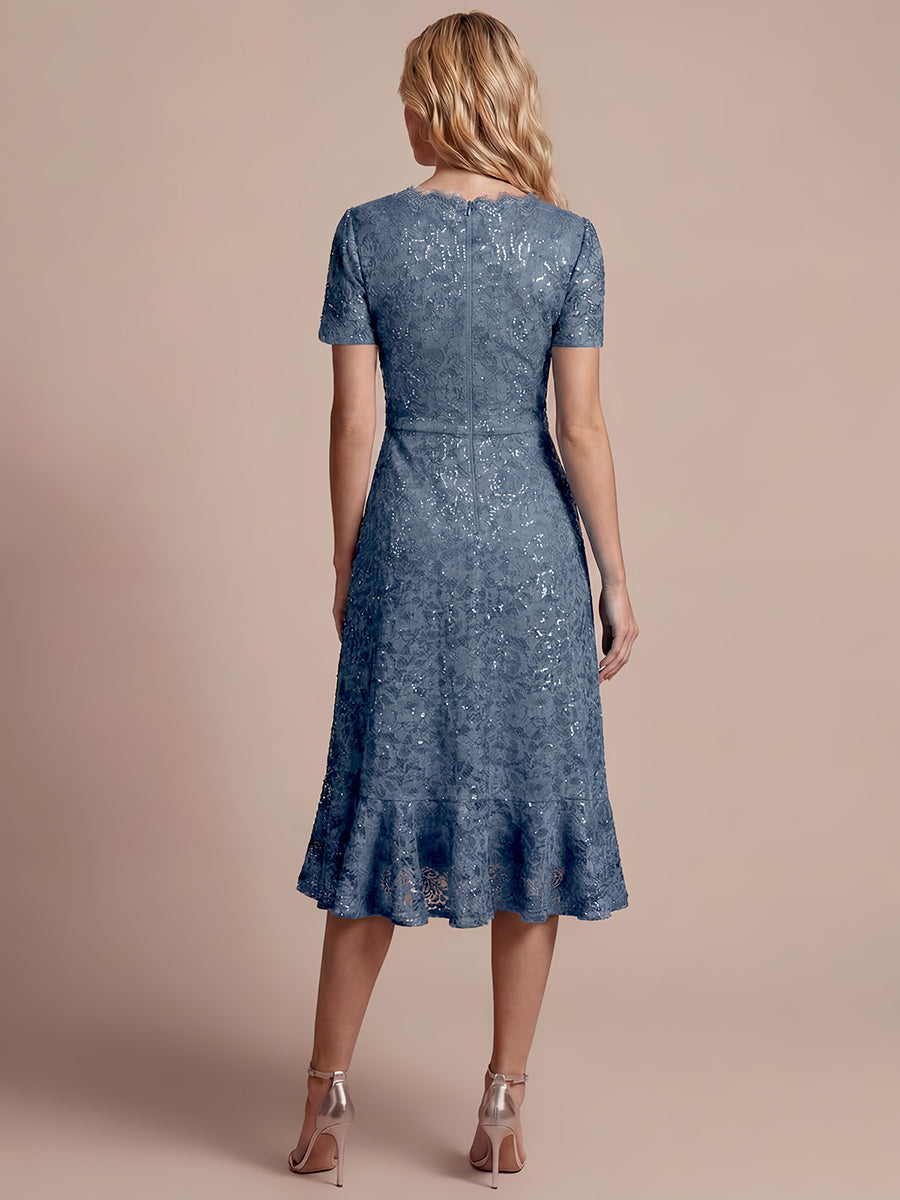 robe midi sirène à volants en sequins à manches courtes #Couleur_Marine Fume