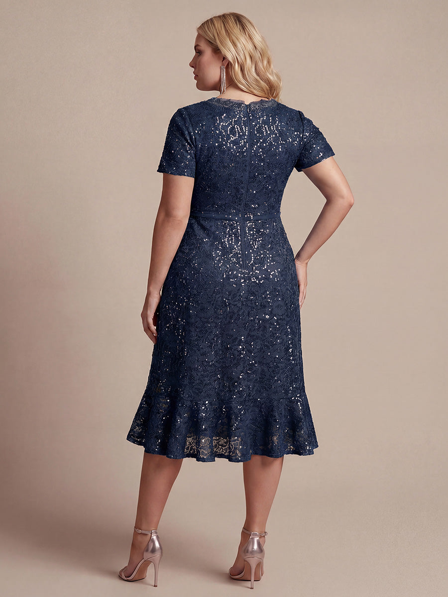 robe midi sirène à volants en sequins à manches courtes #Couleur_Bleu Marine