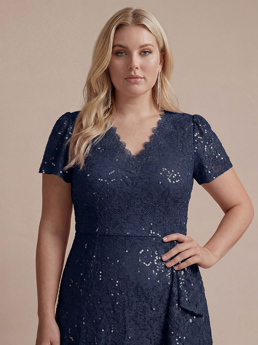 robe midi sirène à volants en sequins à manches courtes #Couleur_Bleu Marine