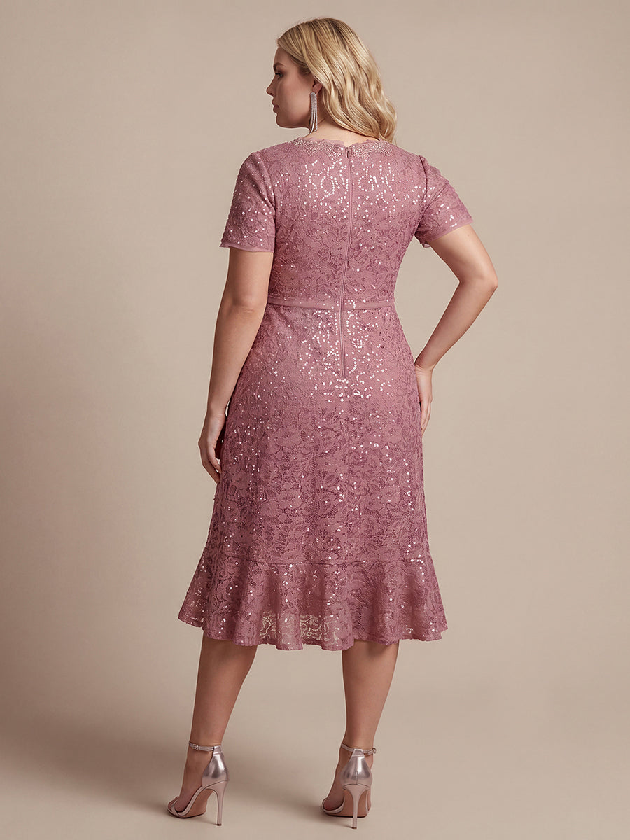 robe midi sirène à volants en sequins à manches courtes #Couleur_Orchidee