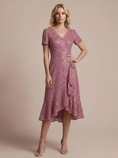 Robe midi sirène à volants en sequins à manches courtes