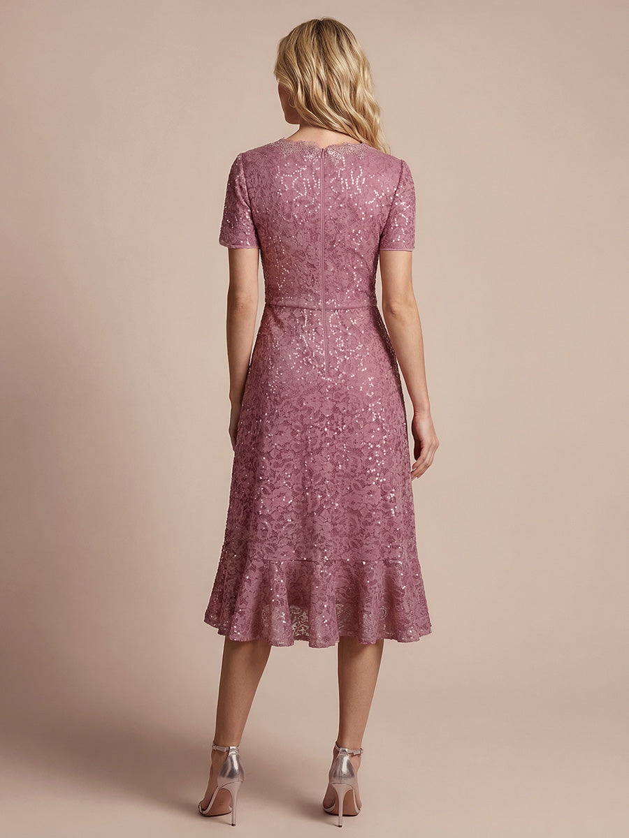 robe midi sirène à volants en sequins à manches courtes #Couleur_Orchidee