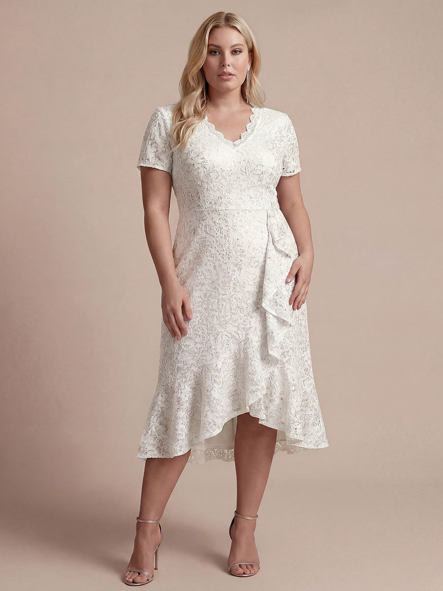 robe midi sirène à volants en sequins à manches courtes #Couleur_Blanc